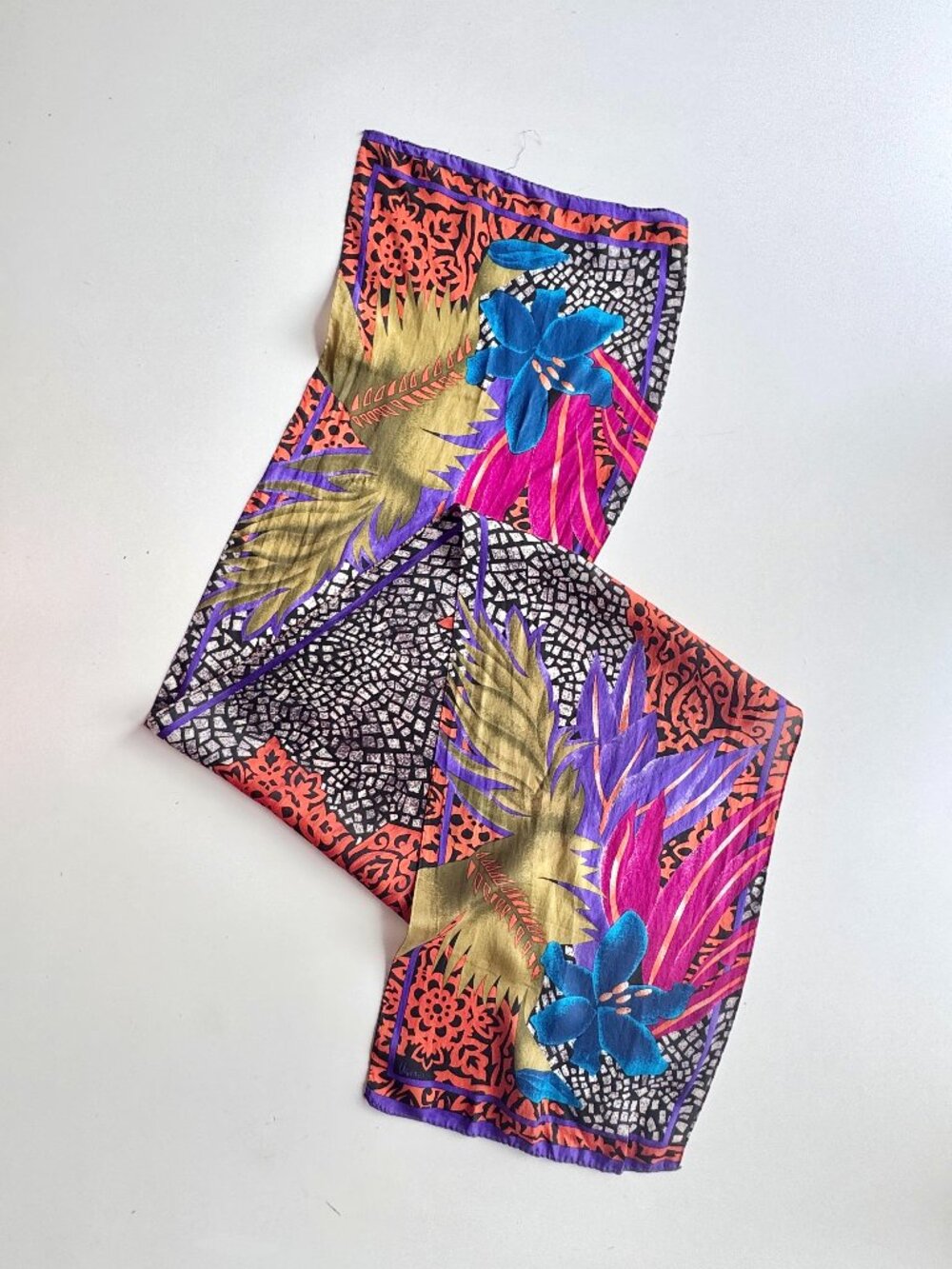 Vintage VERA Multicolor Floral Graphic Silk Crepe 52" x 10" Rectangle Scarf